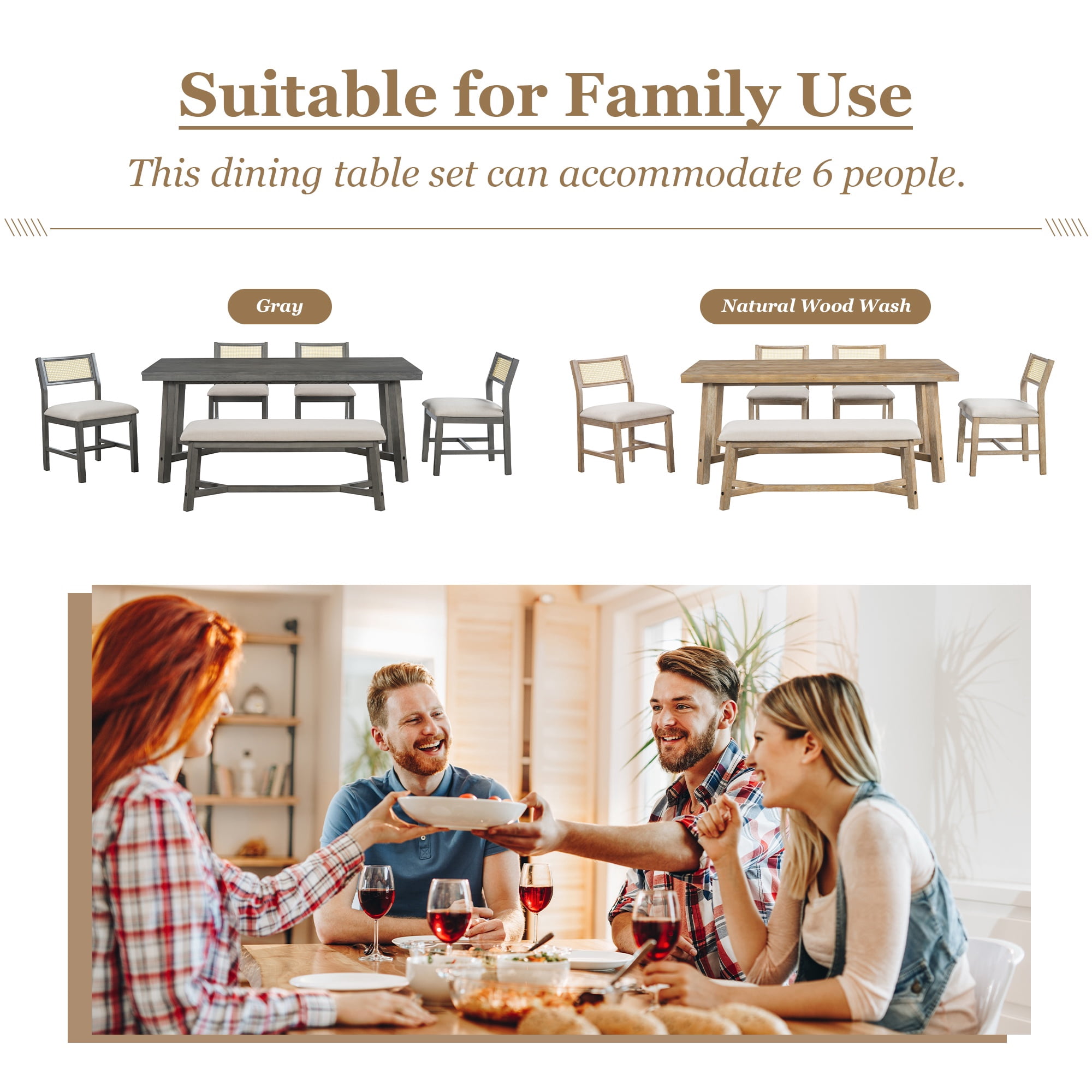 PORKISS 6-Piece Dining Room Set, Farmhouse Dining Table Set with Bench and 4 Upholstered Chairs, Natural