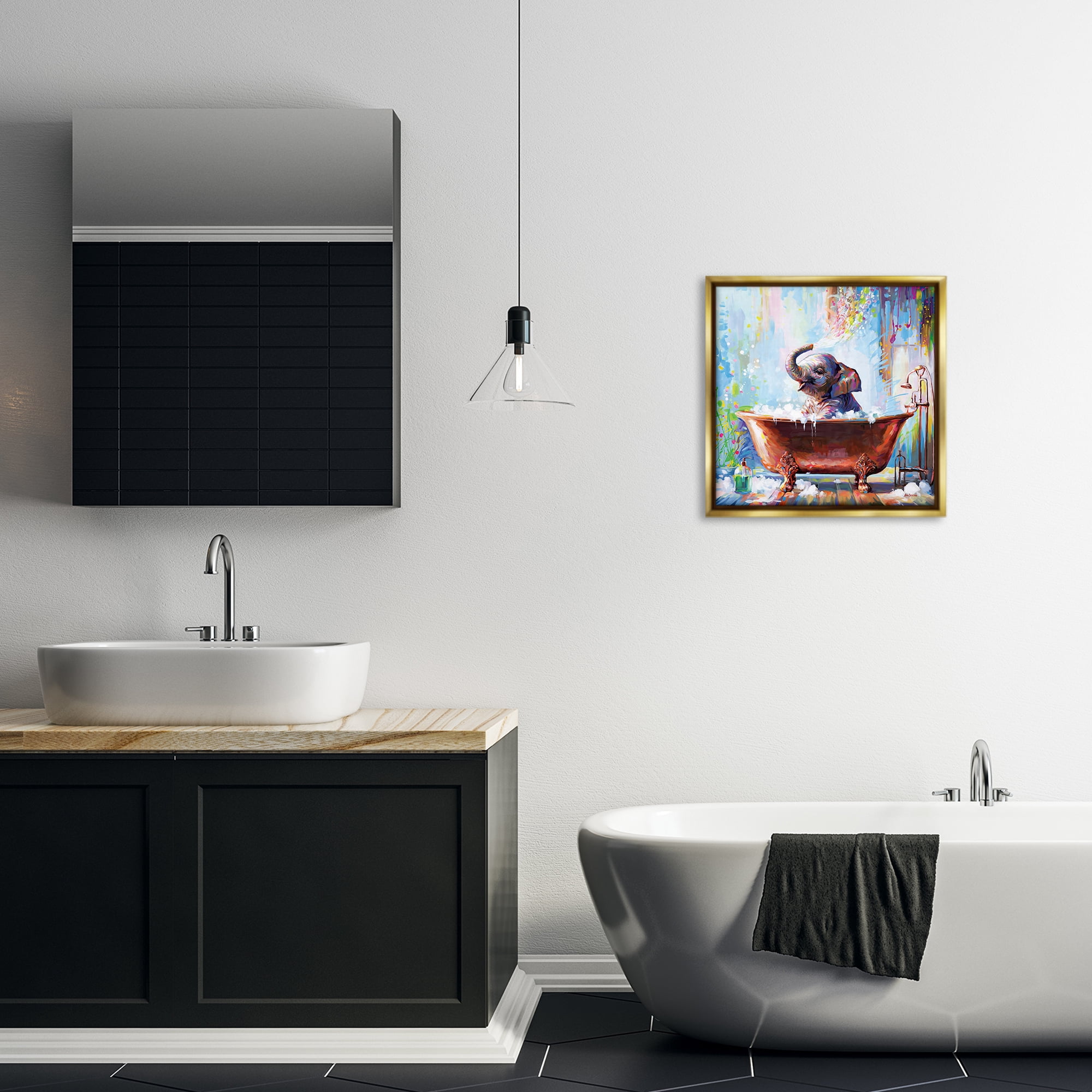 Stupell Industries Splashing Baby Elephant Bath & Laundry Painting Gold Floater Framed Canvas Art Print Wall Art, 18 x 18