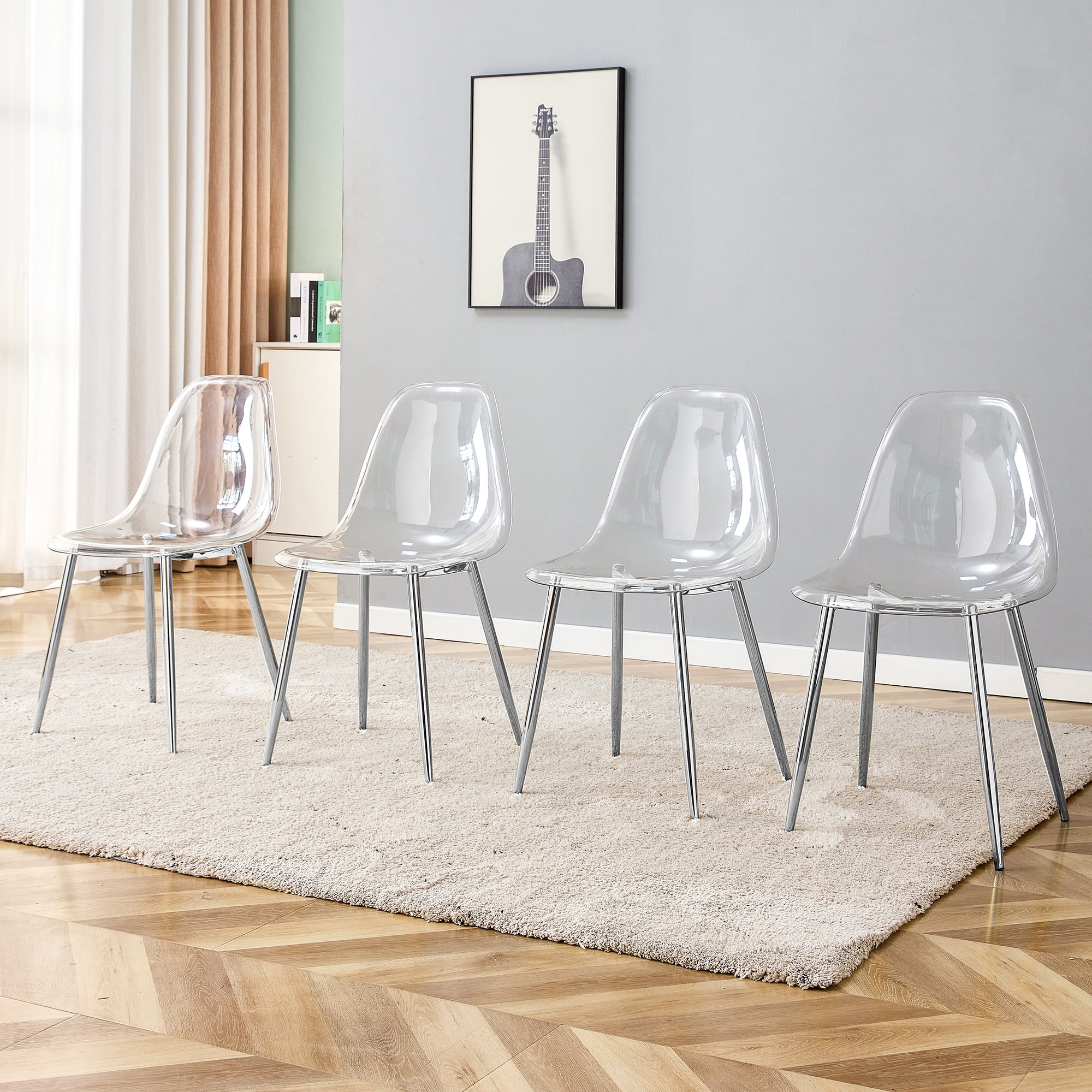 NYEESS Set of 4 Clear Transparent Dining Chairs Armless with Sliver Metal Legs Modern Acrylic Side Chairs for Kitchen Dining Room