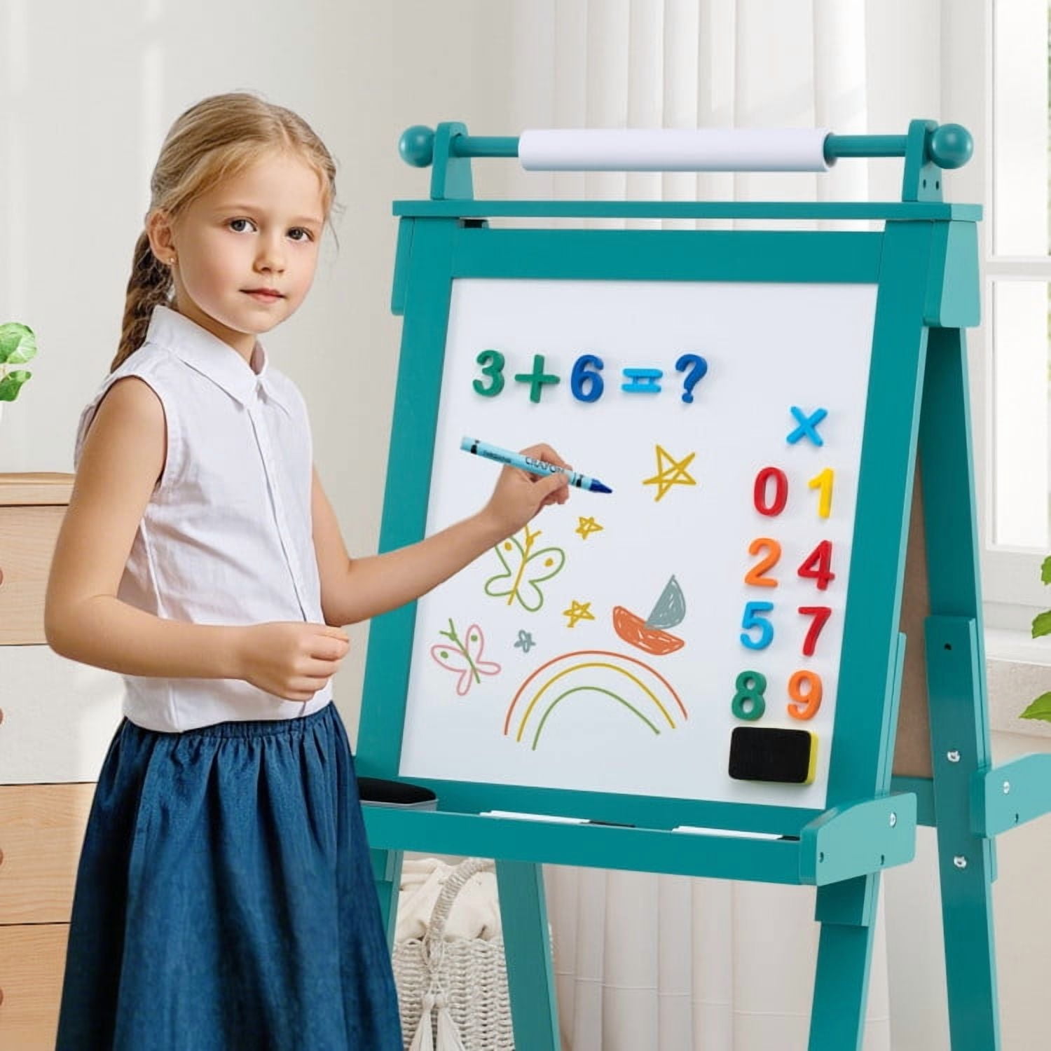 Barara King Kid's Art Easel with Chalkboard, Drawing Easel with Magnetic Whiteboard, 3-in-1 Double-Sided Storage Art Easel for Study Room, Home Office, Living Room, Green