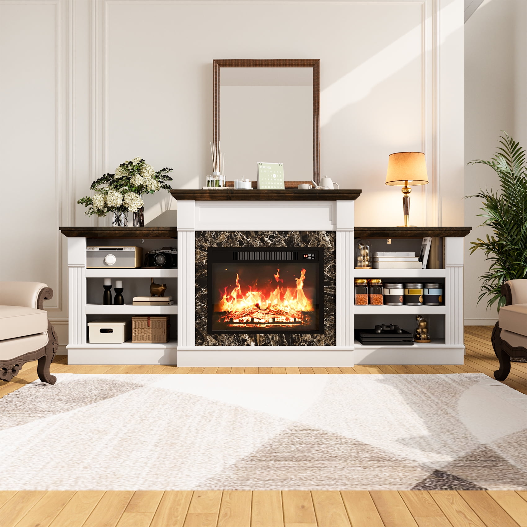 Winkalon 72" Fireplace TV Stand for 75 inch 80 inch TV, Electric Fireplace with Mantel, Farmhouse Entertainment Center with 23" Electric Fireplace, White Brown