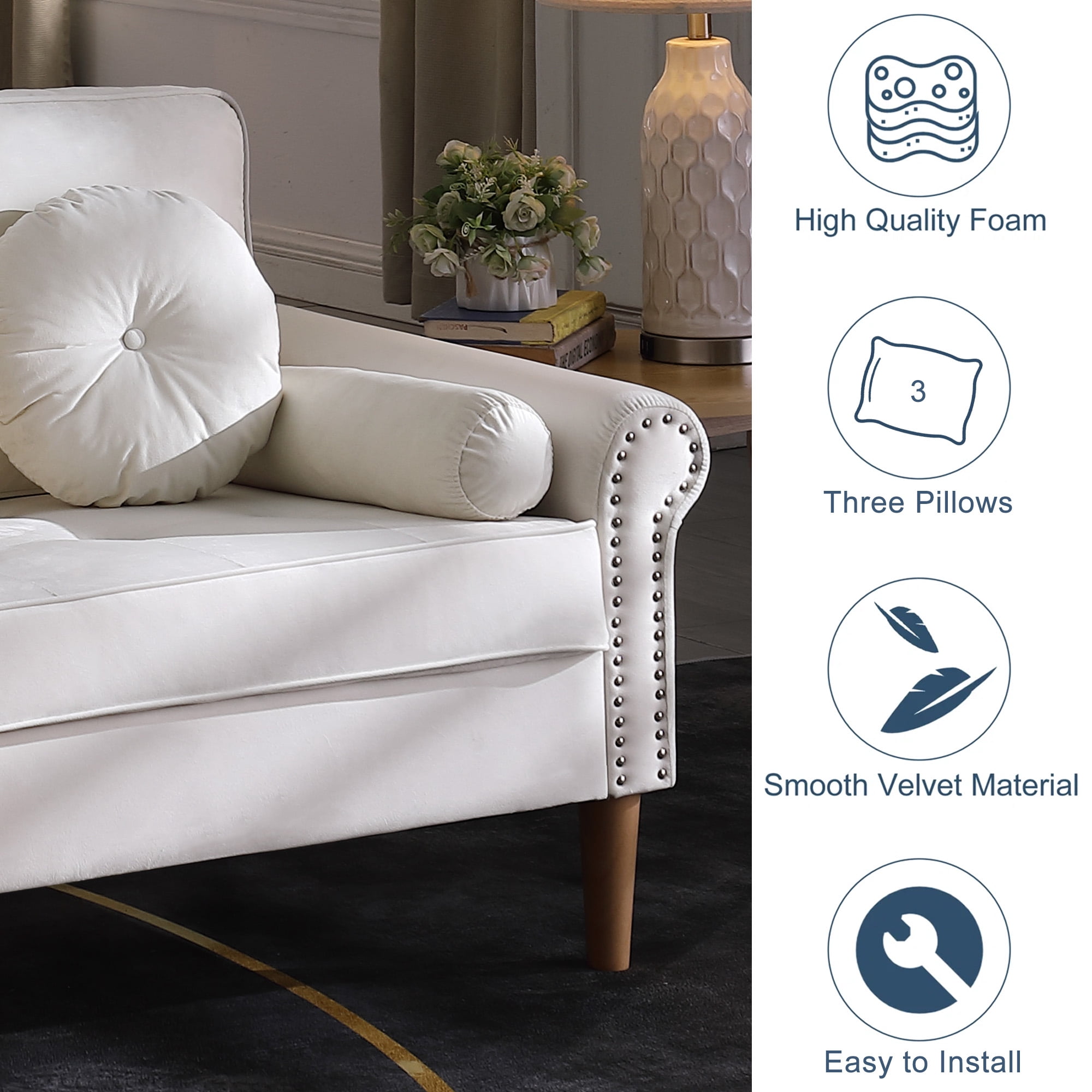 Aukfa 77.2" Sofa Couch, 3-Seater Sofa with Copper Nail and 3 Pillows, Velvet Loveseat for Living Room - White