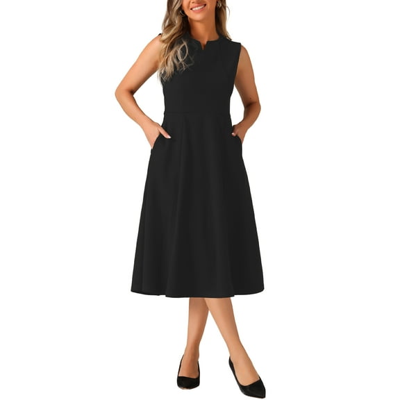 INSPIRE CHIC Notch V Neck Dresses for Women Elegant Work Office A-Line Dress with Pockets XS Black