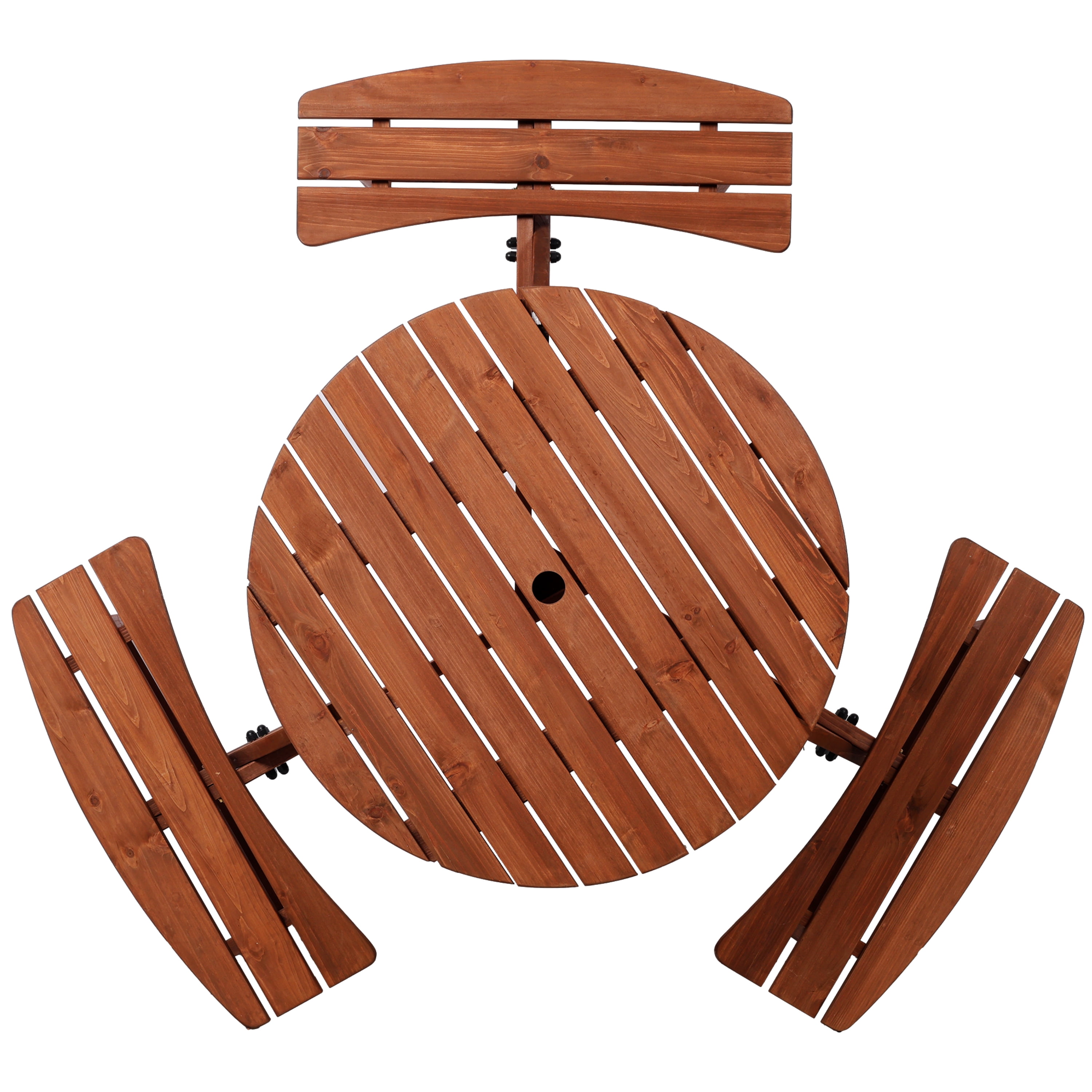 Leumius 6-Person Outdoor Wooden Picnic Table with 3 Built-In Benches &Umbrella Hole,Circular Camping Dining Table for Garden Patio Backyard