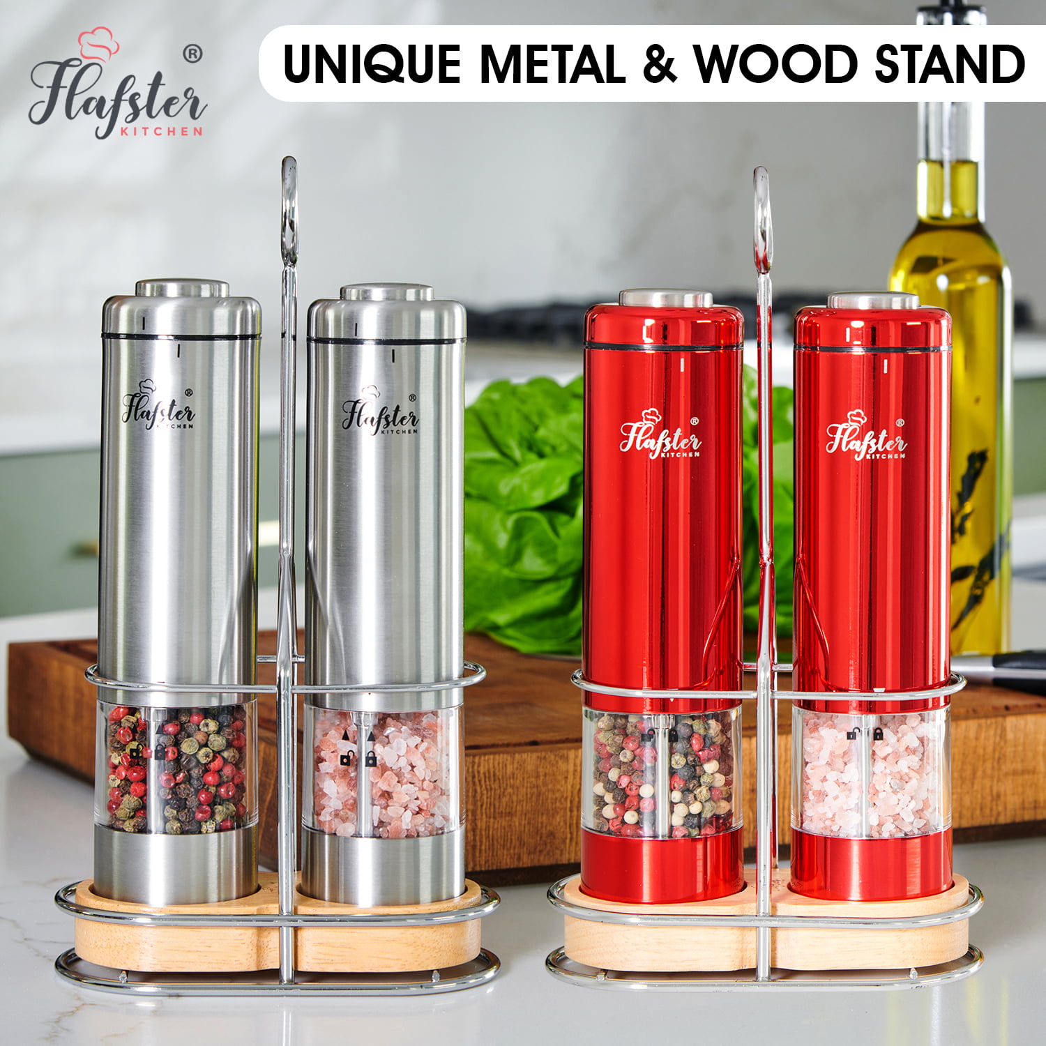 Black Electric Salt and Pepper Grinder Set with Metal and Wood Stand