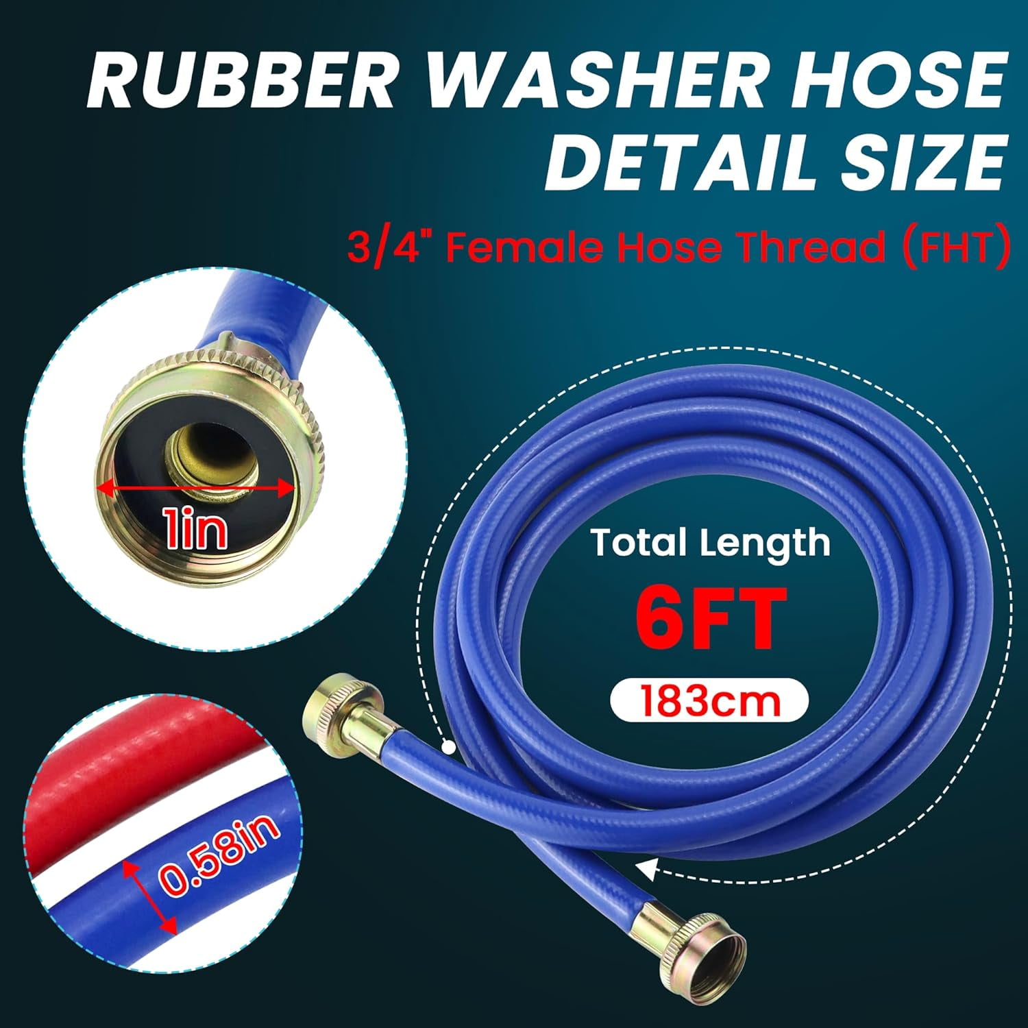 2 PACK 6FT Rubber Washing Machine Hoses Burst Proof Washer Water Hoses for Hot and Cold Water 3/4" Connection Water Supply Lines for ALL WASHERS by Fetechmate - 10 YEAR WARRANTY