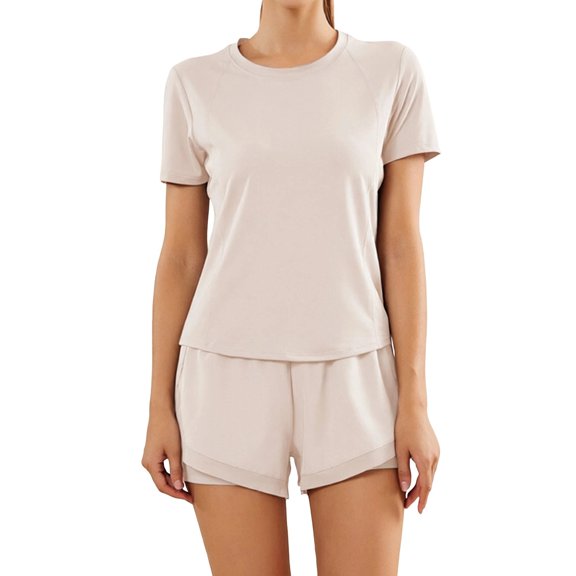 Women's Summer Yoga Lightweight Running Workout Two Piece Outfit Fitness Gym Activewear Set Beige L