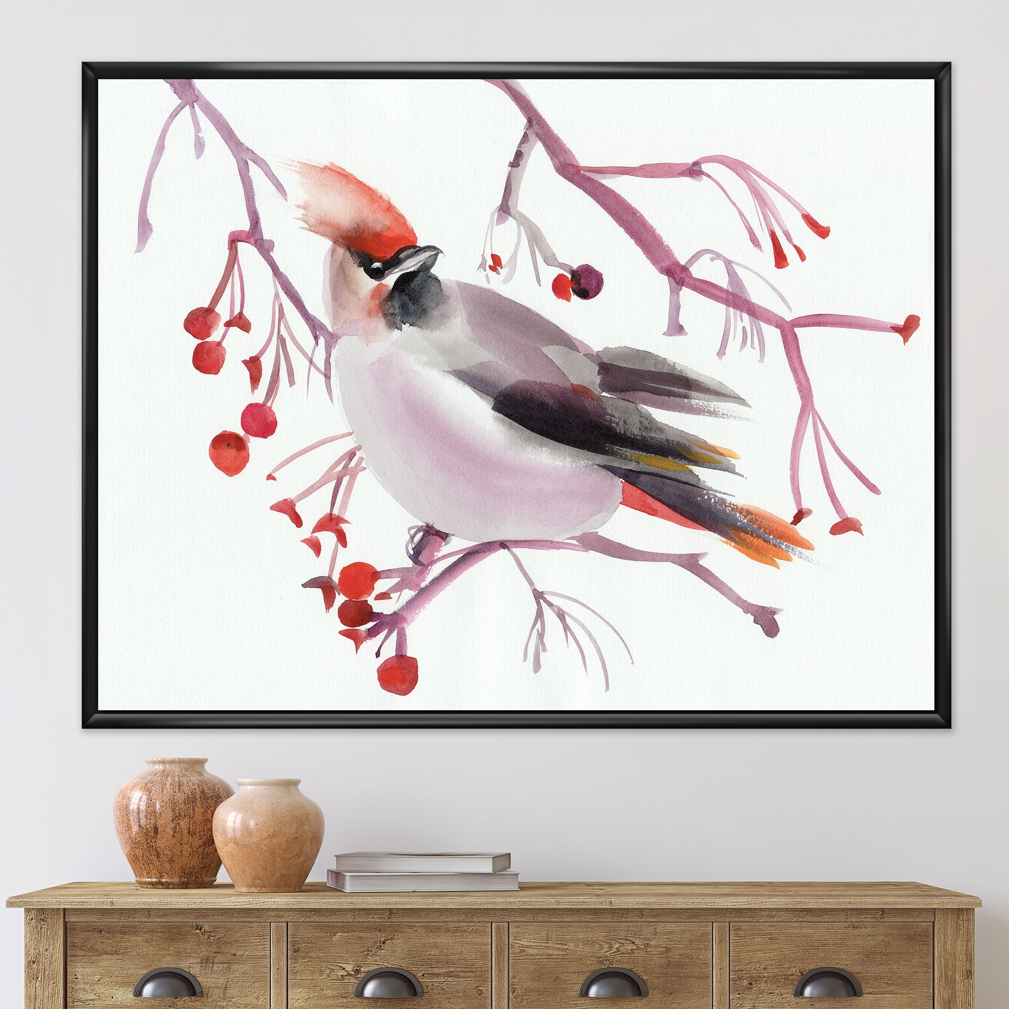 Waxwing Bird Sitting On A Branch 32 in x 24 in Framed Painting Canvas Art Print, by Designart