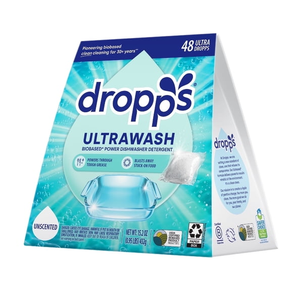 Dropps Dishwasher UltraWash Detergent Pods, Biobased, Unscented, 48 Ct