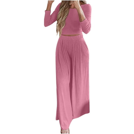 

Womens Solid Ribbed 2 Piece Outfits ong Sleeve Crop Top with High Waist Wide Leg Pant Suits Pajamas Sets Loungewear