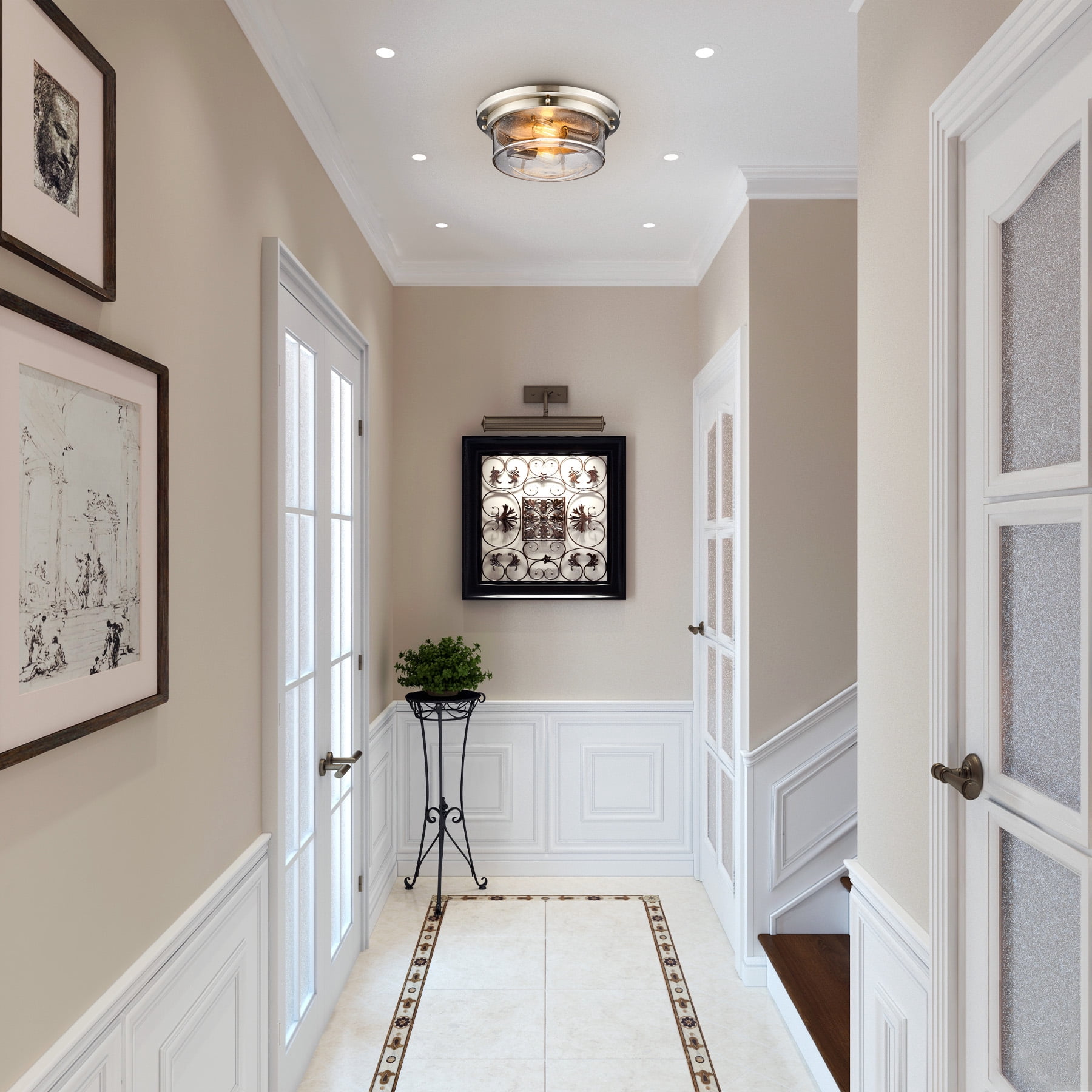 Flush Mount Ceiling Light Fixture with 13" Beaded Glass Drum Shade & Brushed Nickel Finish