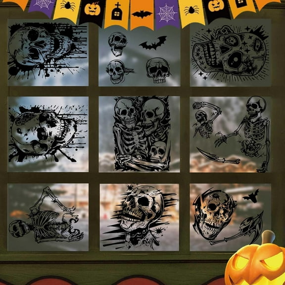8 Sheets Halloween Wall Stickers Skeletons Skull Window Clings Peel and Stick PVC Waterproof Self Adhesive Wall Decals Stickers for Home Living Room Showcase Party Decoration Supplies