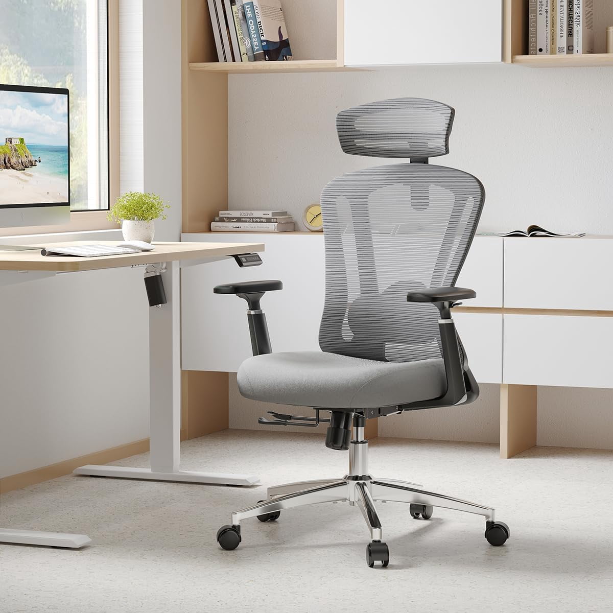 STARY High-Back Ergonomic Office Chair, Computer Desk Chair with Adjustable Seat Depth, 3D Armrests & Headrest, for Home or Office Use, Black & Grey