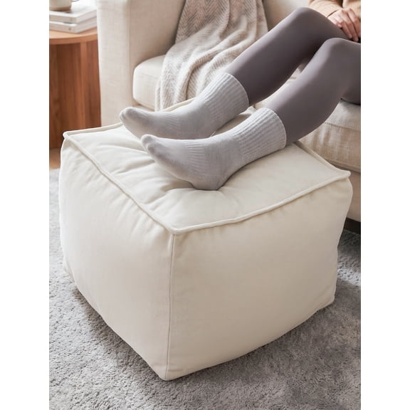 Cat Paw Velvet Ottoman Pouf Cover – Cream White Unstuffed Footrest Seat Cover with Durable Zipper, Washable Floor Cushion Case for Living Room, Bedroom, and Home Decor