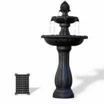 44" H Dark Brown Fiberglass/Resin 2-Tier Solar Water Fountain w/ Solar Panel and Auto-Shut Off Pump, Solar Fountain
