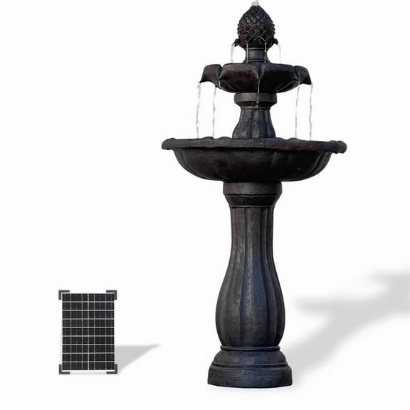 44" H Dark Brown Fiberglass/Resin 2-Tier Solar Water Fountain w/ Solar Panel and Auto-Shut Off Pump, Solar Fountain