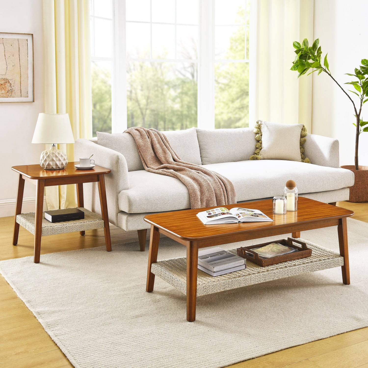 Mid-Century Modern Woven Coffee Table with Ample Storage, 47.25"