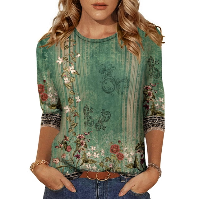 Camiseta Zeagoo Plant con cuello redondo y manga 3/4 para mujer