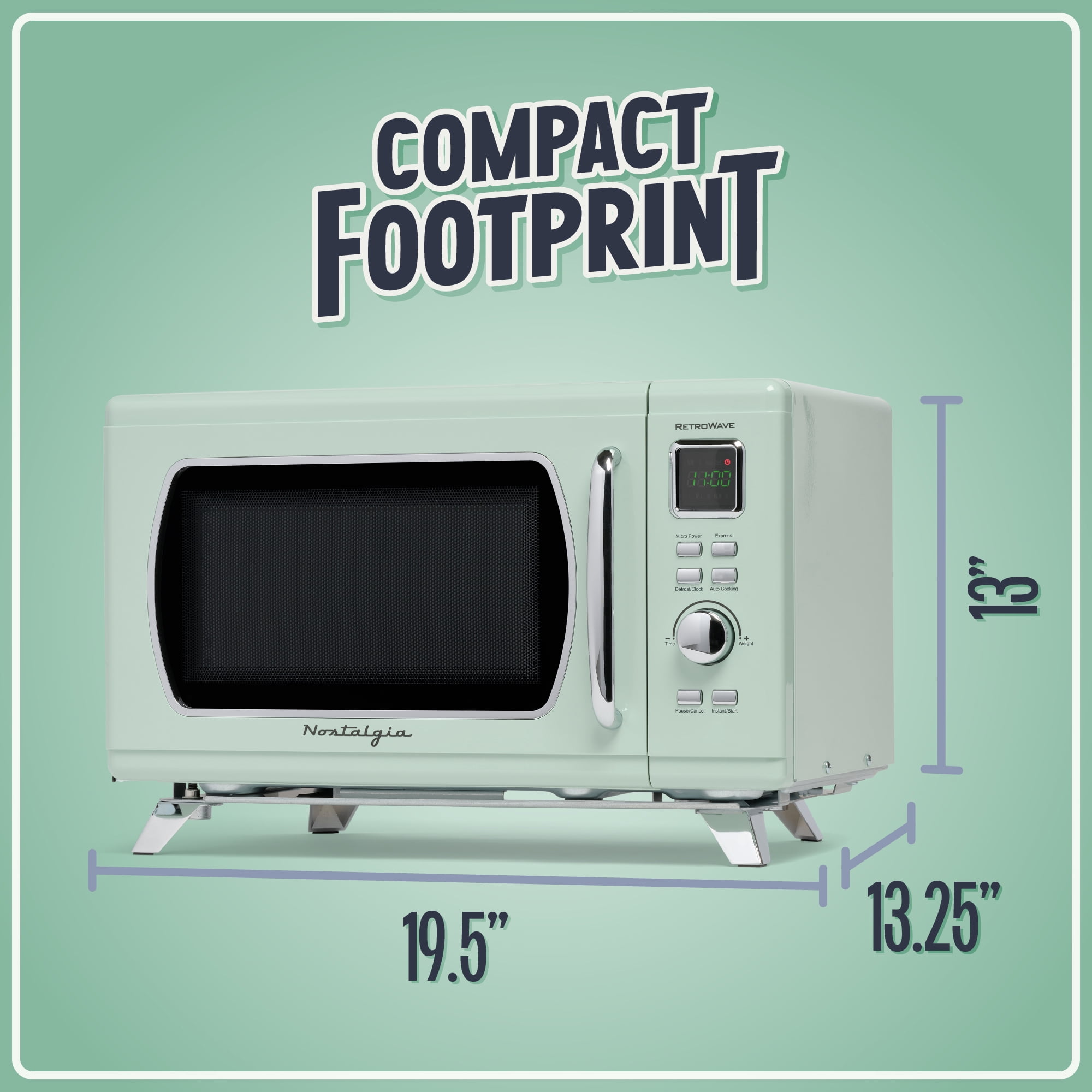 Nostalgia 0.9 cu ft Mid-Century Retro Microwave Oven, 900W Microwave Oven with Digital Clock, Seafoam Green