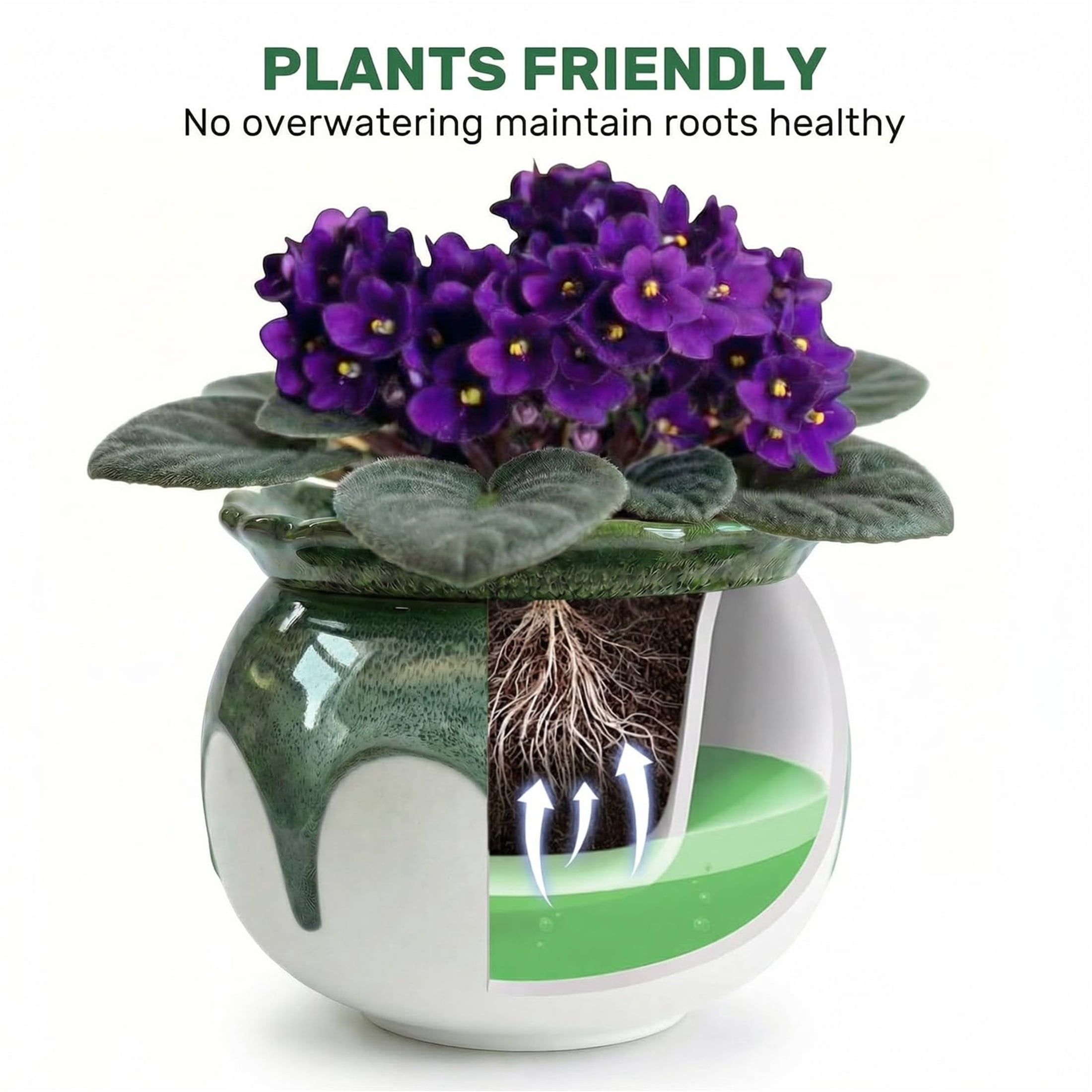 BUYMAX 6" Ceramic Self Watering Pots for Indoor Plants, African Violet Pots, Jade Green Reactive Glaze, Handcrafted Artisan Flower Pot