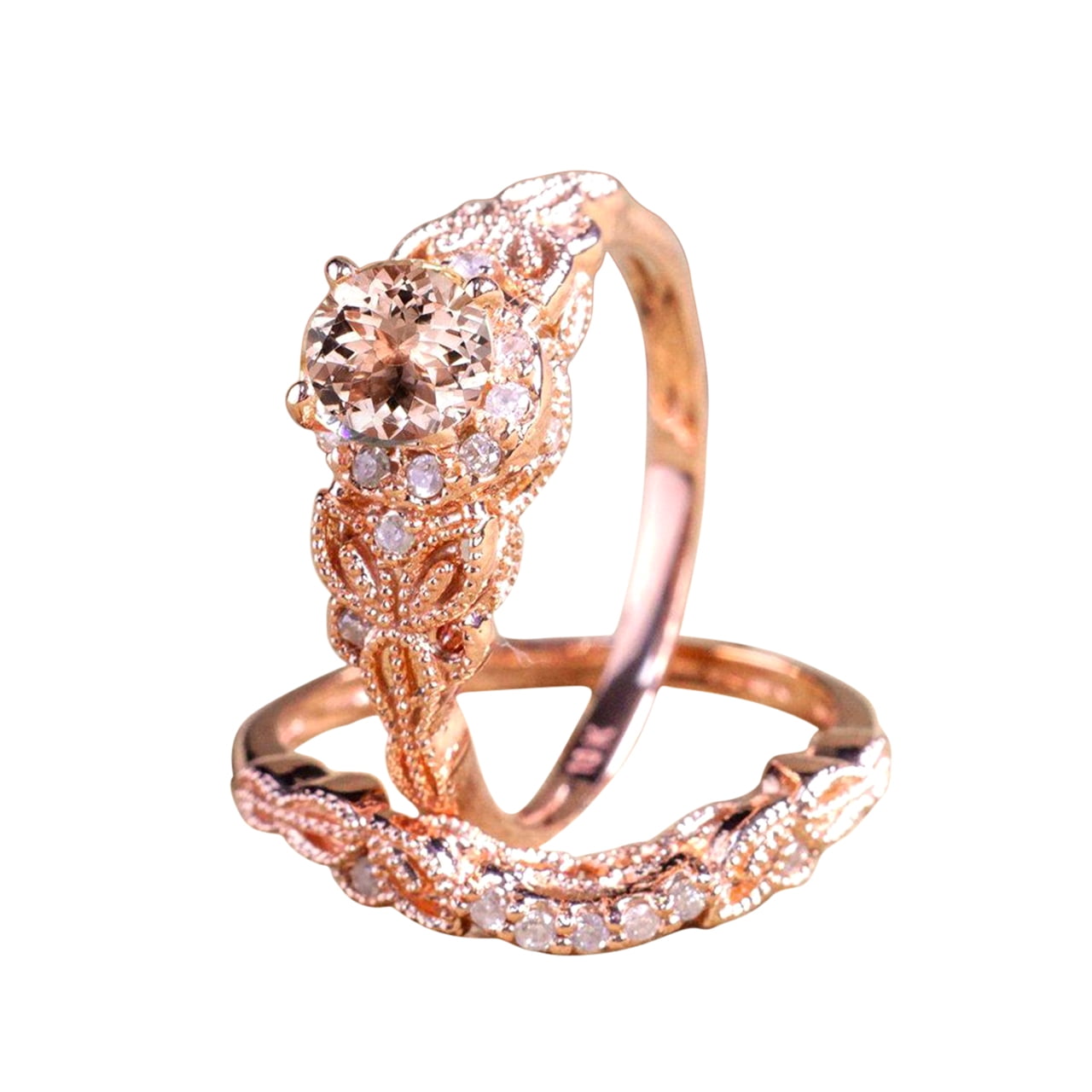Art Deco Morganite Bridal Set 1.50 carat Morganite Diamond Halo Wedding Ring Set in 10k Rose Gold 