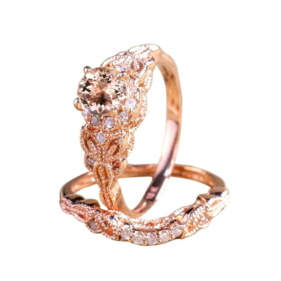 Art Deco Morganite Bridal Set 1.50 carat Morganite Diamond Halo Wedding Ring Set in 10k Rose Gold