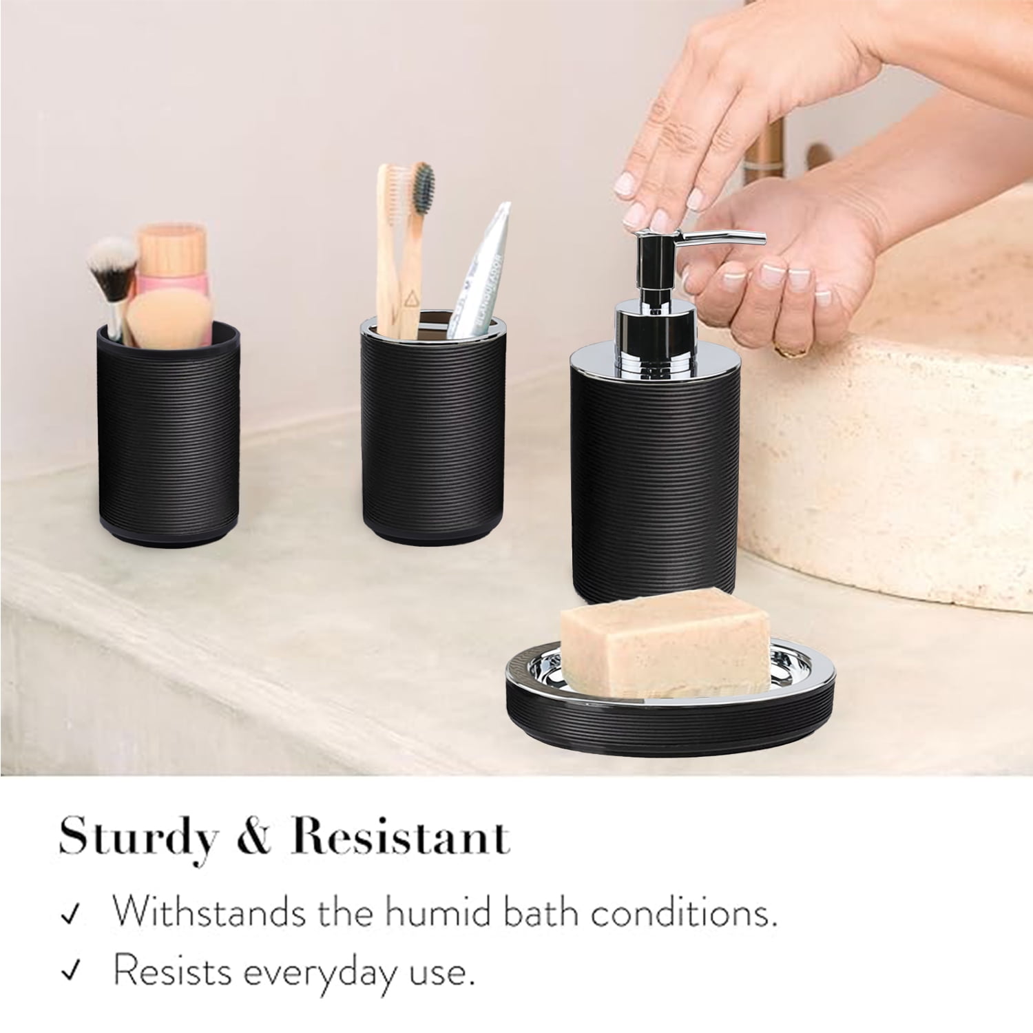 CERBIOR Bathroom Accessories Set 6 Pcs Bathroom Set Ensemble Complete Soap Dispenser Toothbrush Holder Tumbler Soap Dish Toilet Cleaning Brush Trash Can, Thread Black