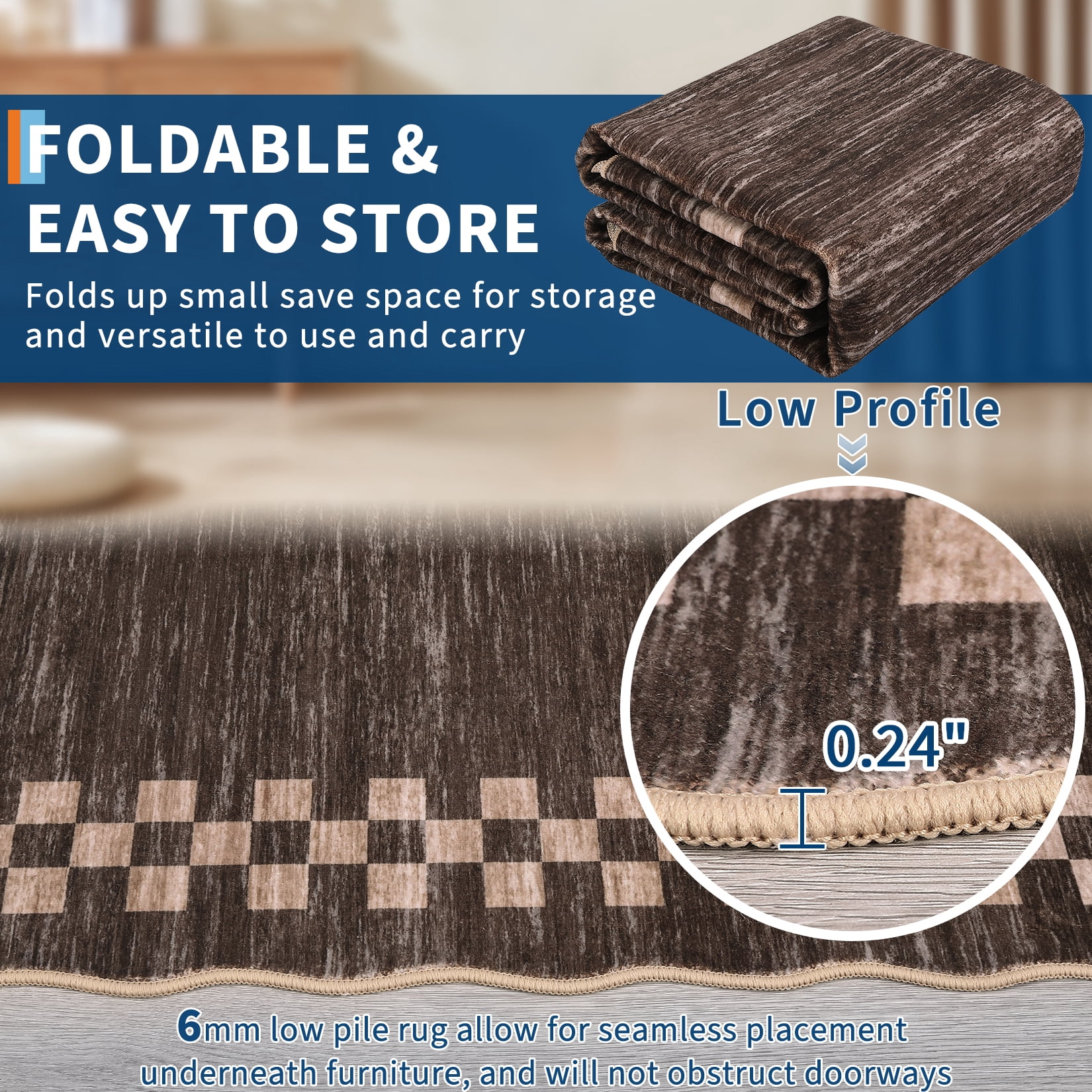 HOMERRY Large Scalloped Border Plaid Non-Shedding Area Rug 9' x 12' for Living Room Washable Indoor Carpet, Brown