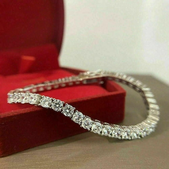 Engagement Tennis Bracelet 3MM 12Ct Round Cut Diamond 925 Sterling Silver 14K White Gold Plated 7"