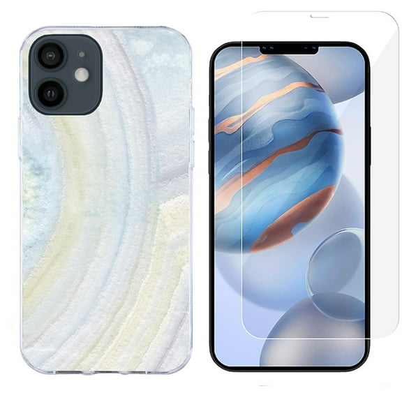 Slim-Fit Protective Phone Case compatible with iPhone 12 Mini, with Tempered Glass Screen Protector, by OneToughShield ® - Marble / Rainbow