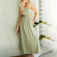 thumbnail image 2 of safuny Women's Maxi A Line Cami Dress Solid Color Holiday Sleeveless Clothing Summer Beach Square Neck Dress Retro Boho Waist Hollow Out Green S, 2 of 9