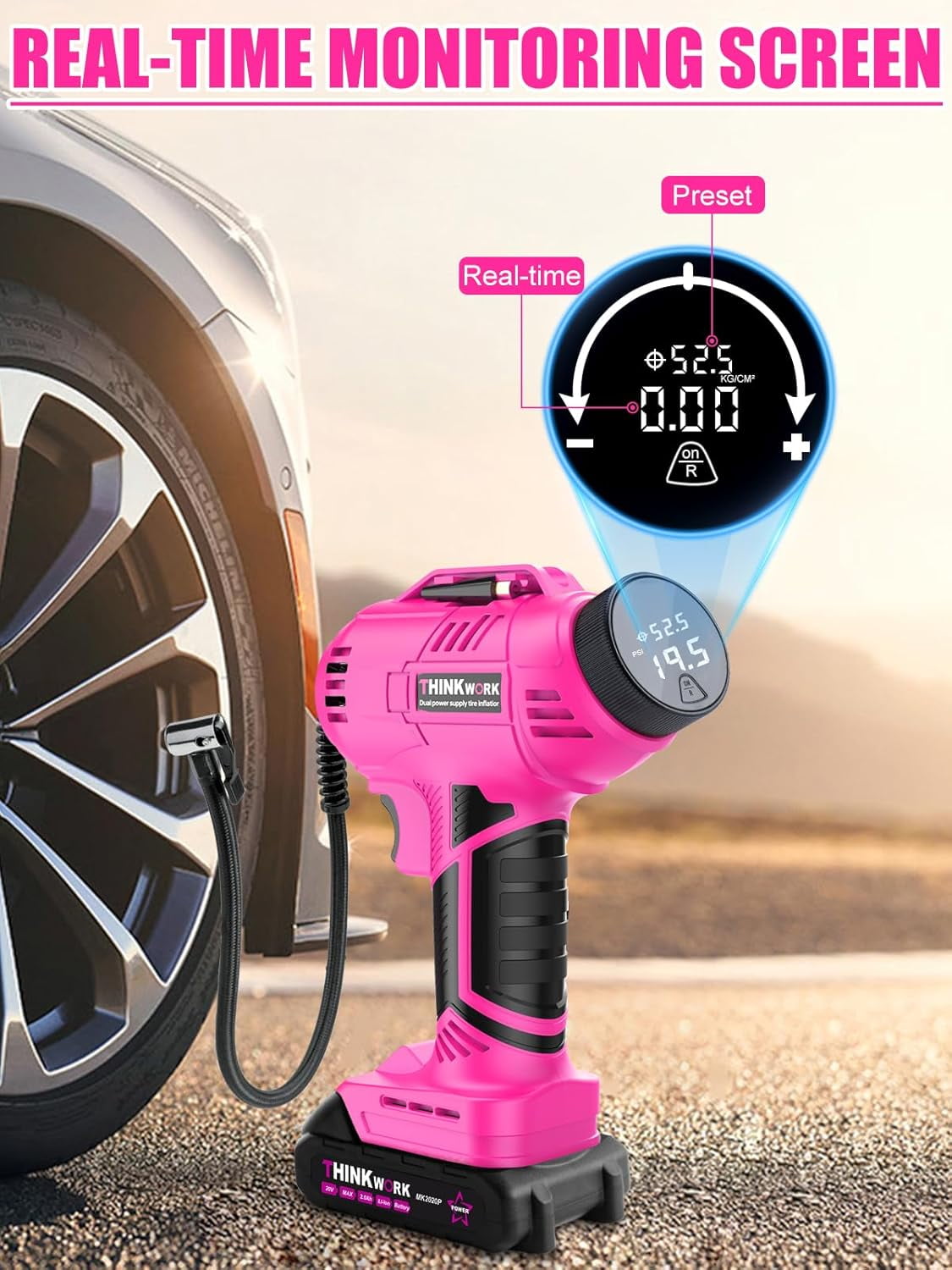 Tire Inflator Portable Air Compressor, Pink Cordless Car Tire Pump with 20V Rechargeable Battery, 12V Car Power Adapter, 150 PSI Handheld Air Pump for Car, Motorcycle, and Bike, Gift for Women