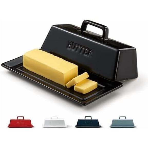 Butter Dish with Lid for Countertop, by , Ceramic Dish Tray with Cover, Kitchen Keeper, Container, Holder (Black)