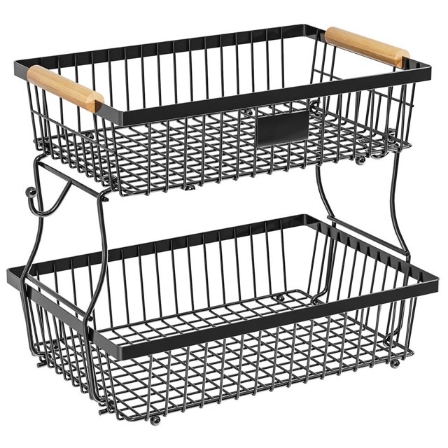 Cesta para Frutas y Verduras, Cesta de Almacenamiento con Gancho y Asa de Madera, Apilable y Extraíble.