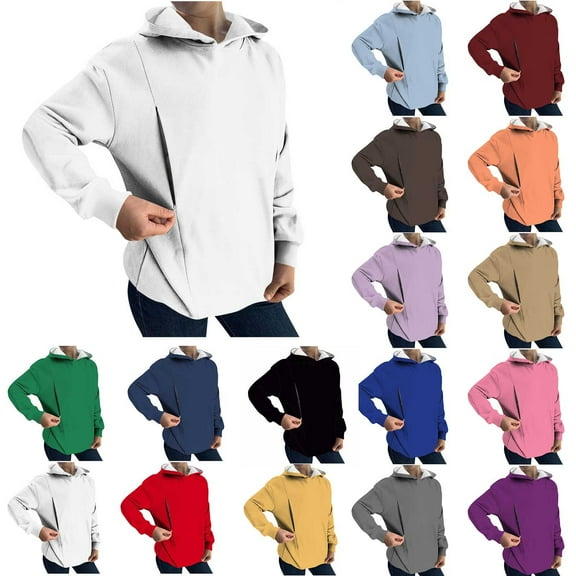 Horkkom Womens Hoodies Long Sleeve Pullover Breastfeeding Shirts Solid Color Zipper Nursing Tops L