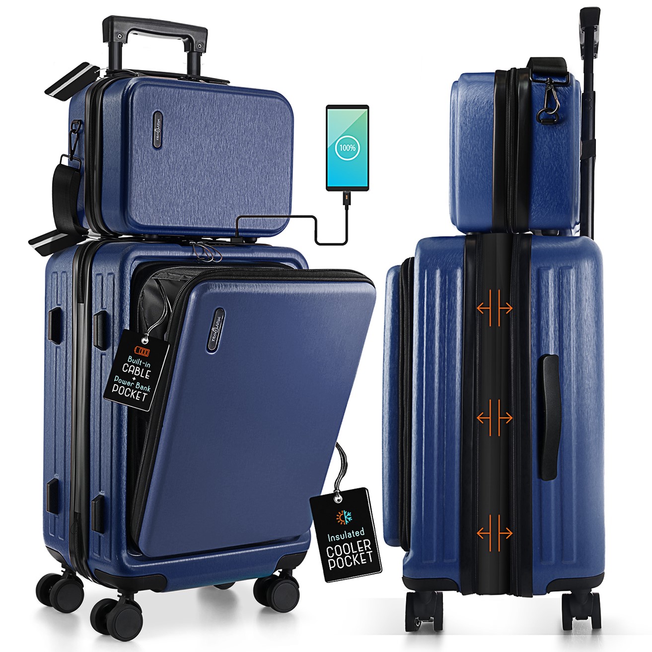 StorageBud 20 inch Hardside Carry-On Expandable Luggage, Front Pocket Luggage Set Spinner Suitcase Set, Navy Blue - image 3 of 10