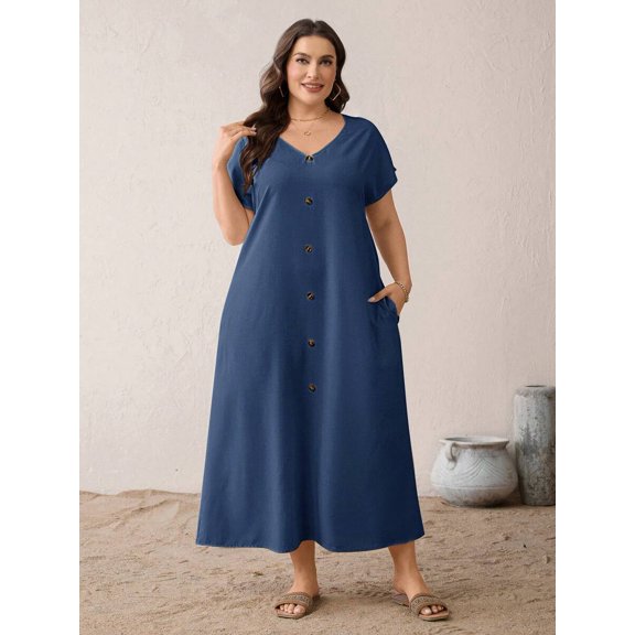 Plus Size Blue V-Neck Short Sleeve Button Front Long Dress With Pockets