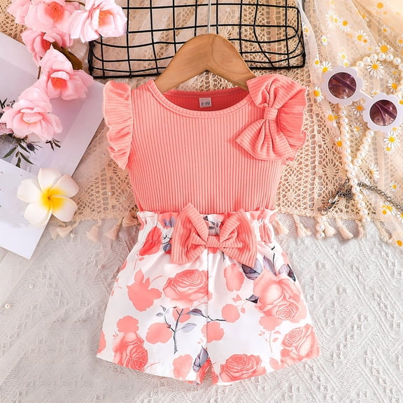 ITSAME Girls Outfit Sets, Knit Cotton Bow Ruffle Sleeve Top and Floral Print Shorts 2-Piece Summer Fashion Leisure Sets Pink 18M