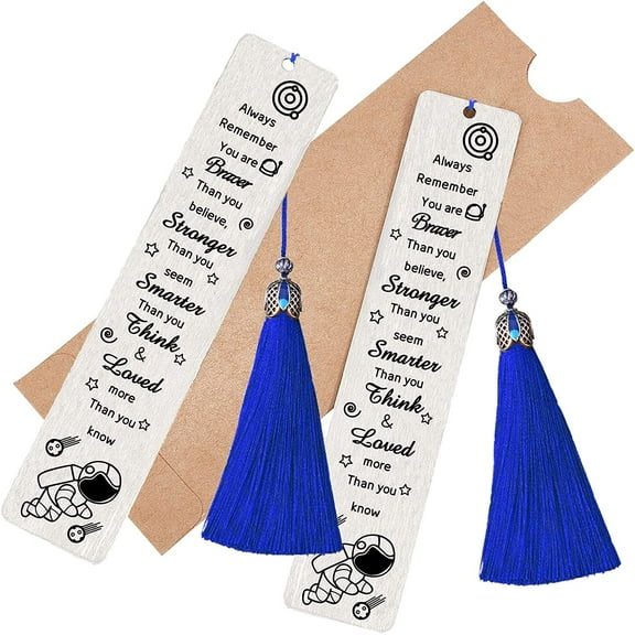 2pcs Inspirational Bookmarks Gift with Tassel Always Remember You are Braver Than Believe for Book Lovers Retirement Teacher Coworker Christmas Gifts Page Clips School Home Office Supplies Blue