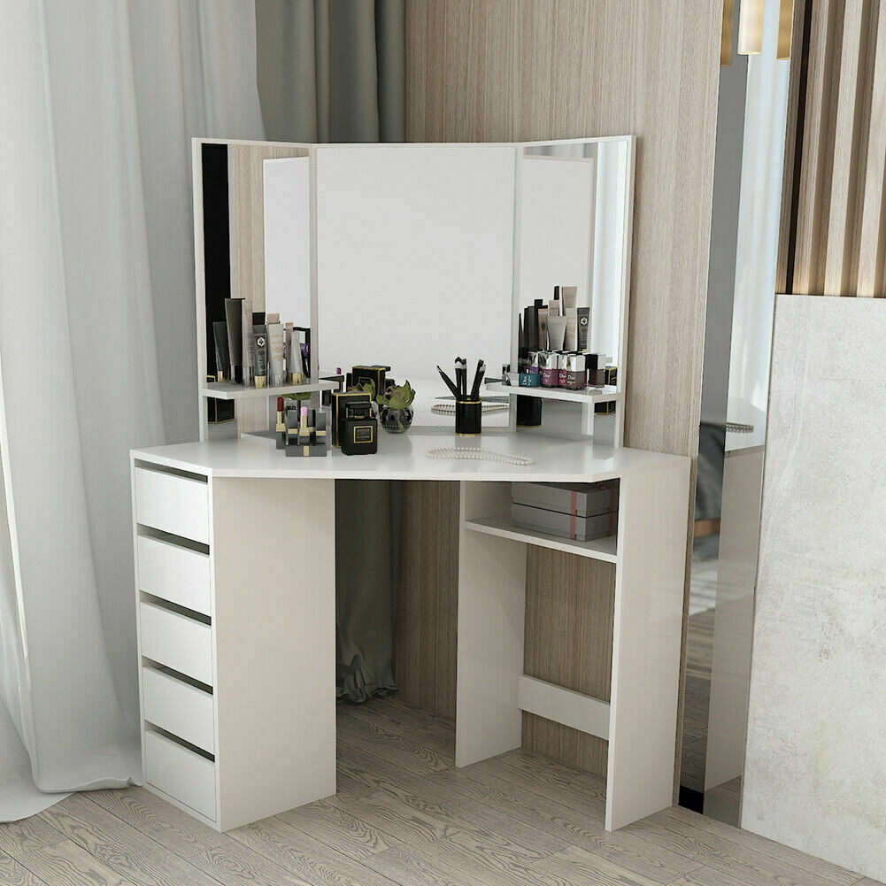 Details about   Vanity  Dressing Table 5 Drawers 3-folding Mirror MDF Makeup Desk White Modern 