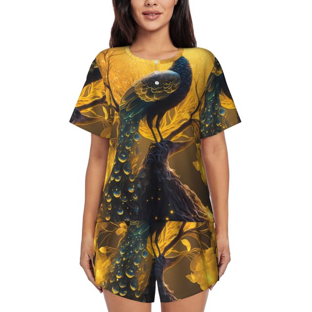 Balery Elegant Gold Leaf Peacock Conjunto de Pijama para Mujer con Estampado, Dos Piezas de Manga Corta y Shorts, Ropa de Dormir Suave con Cuello Redondo y Bolsillos-Small