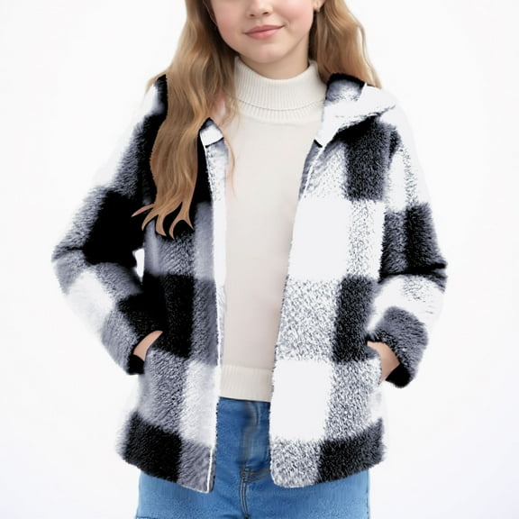 NAISIBABY Girls Fleece Jacket, Thick Warm Long Sleeve Plaid Hooded Winter Fashion Fuzzy Outerwear Black 7T