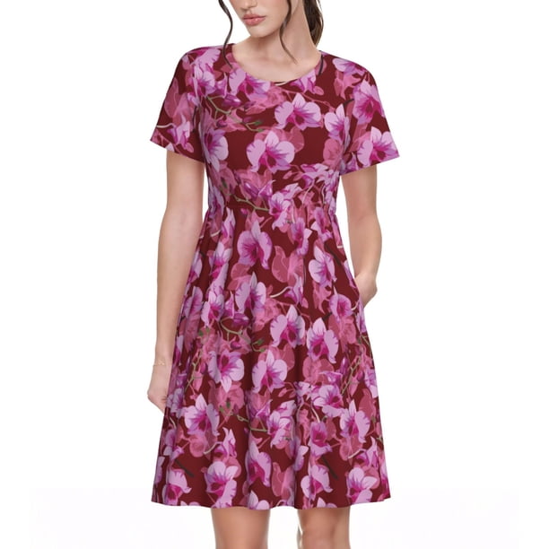 Disketp Orchids Flowers para Vestido de Manga Corta para Mujeres, Vestidos de Verano para Mujeres, Casual y Holgado para la Playa