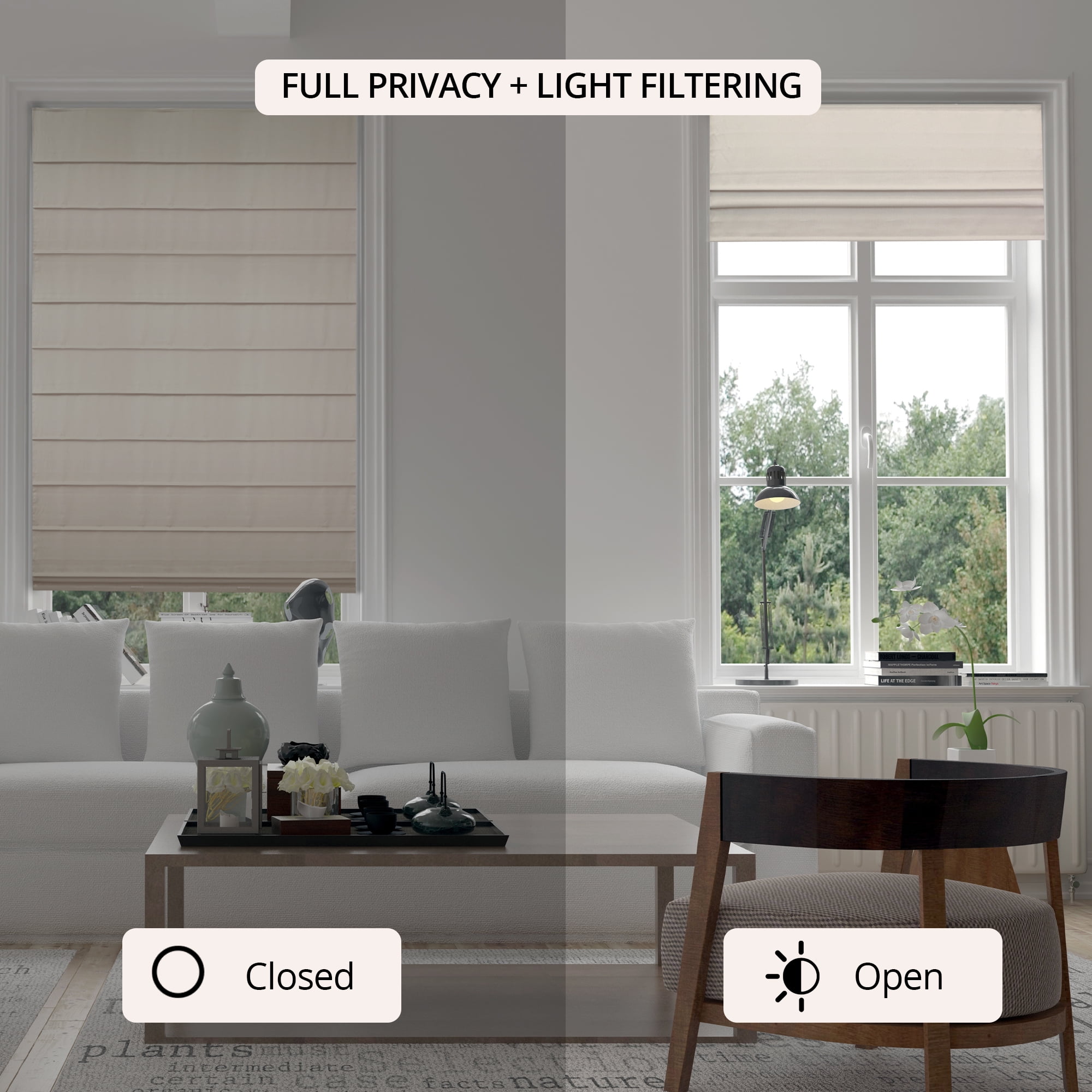 Chicology Cordless Roman Shade, Light Filtering, Ridgewood Cream, 33"W X 72"H