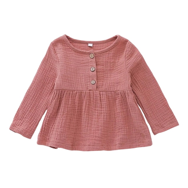 JTieacloth Girls Long Sleeve Top With Double Layer Hem Ruffle And Coconut Button Front Closure Style Blouse Girls Cute Tops Sizes 12-18 Months