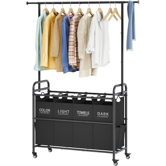 Laundry Sorter Cart with Hanging Clothes Rack, 4 Butler Sorter Basket Organizer, Laundry Hamper Cart with Heavy Duty Rolling Lockable Wheels, Black