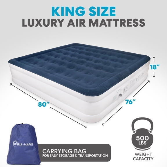 Simpli-Magic Premium Collection Luxury Air Mattress, Built-in High Capacity Pump for Home and Camping- Double Height, Adjustable, Inflatable Blow Up, Portable - King Size