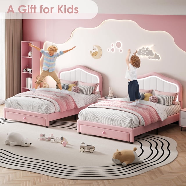 Suede Princess Upholstered Bed Frame with LED Headboard & Storage Drawer,Wooden Slats, Noise-Free, Heavy-Duty, Low Profile, No Box Spring Needed – Perfect for Kids, Girls, Boys