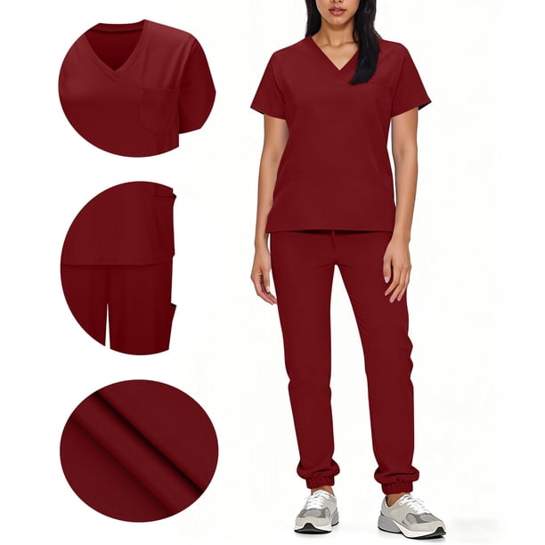 Conjunto de uniforme médico para mujer, cuello en V, manga corta, blusa, cintura elástica y pantalones deportivos, color sólido, conjunto de trabajo de enfermería de 2 piezas con bolsillos.