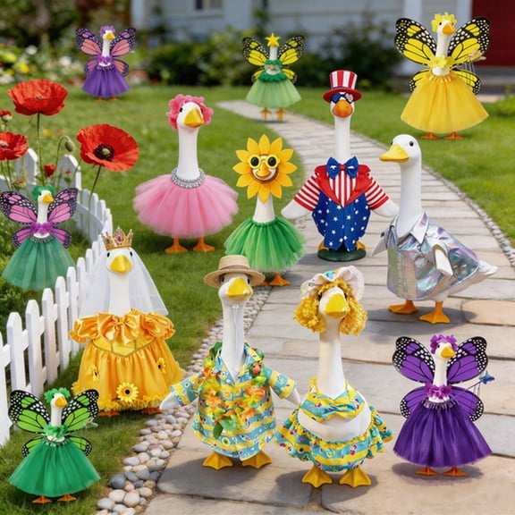 BESTSKY Porch Goose Outfits,23 Inch Geese Statue Clothes Spring Summer Goose Skirt Easter Decor,Sunflower Hat & Sunglasses & Silk Skirt Patio Garden Decor